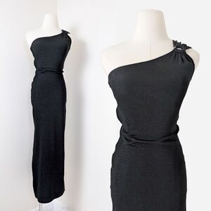 90's Black Maxi Dress One Shoulder Asymmetrical Fitted Tight Sleeveless
